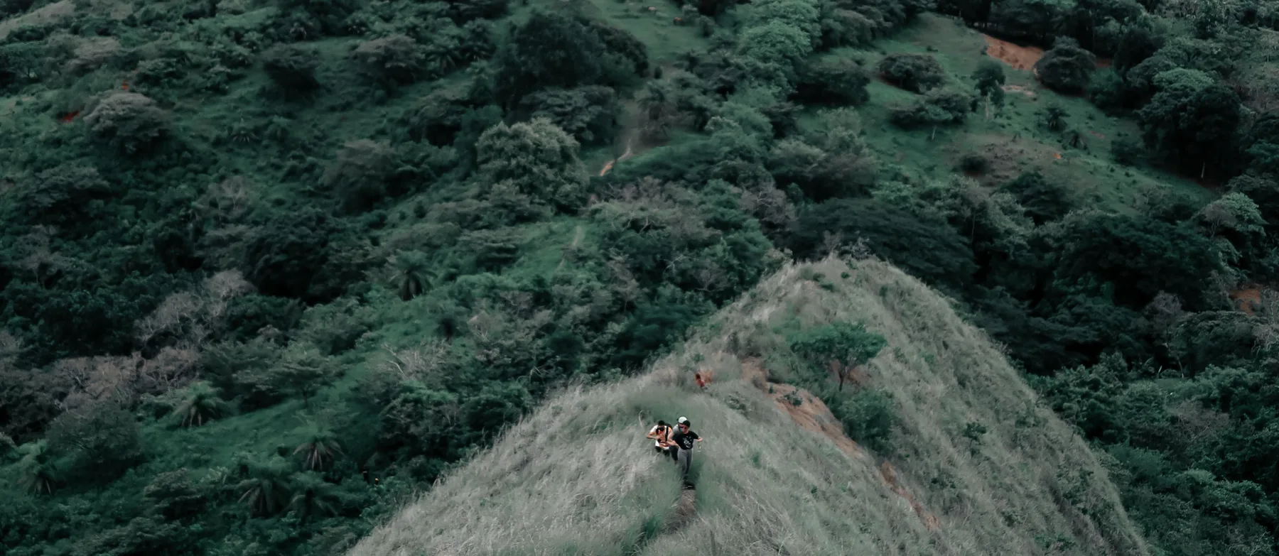 Two hikers on a narrow grass ridge, seen from above, with green slopes falling away on both sides