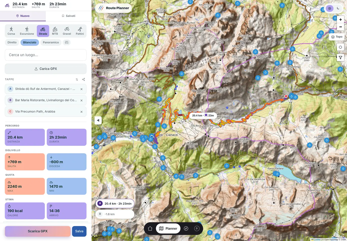 The route planner: the sport and preset pills, the waypoints with their place names, the figures, and the route drawn on the map