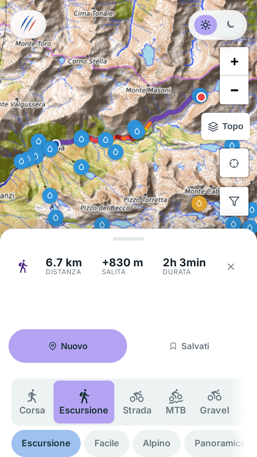 Il planner: i pill dello sport e del preset, le tappe con i nomi dei luoghi, le statistiche e il percorso disegnato sulla mappa